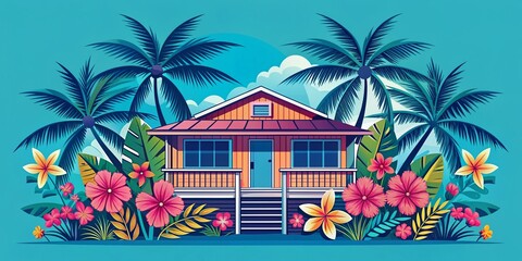 Obraz premium Colorful illustration of a tropical beach house surrounded by palm trees and hibiscus flowers on a bright blue background with bold typography and icon outline.
