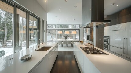 Sleek kitchen with white countertops and minimalist fixtures