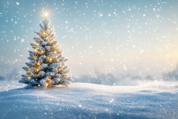 merry christmas background featuring a snow-covered landscape with a decorated pine tree on the left, twinkling fairy lights, and a clear blue sky, ample copy space on the right, dramatic dutch, ai