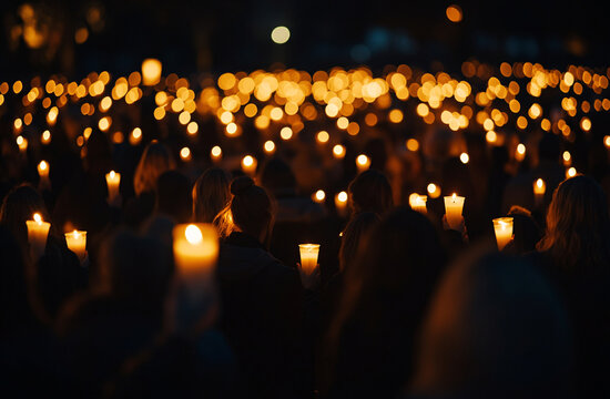 Crowd of people holding candles in dark night setting.
