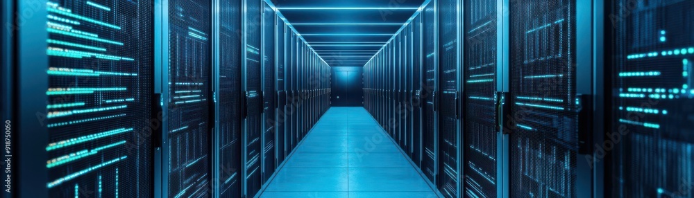 Poster futuristic data center with rows of servers illuminated in blue light, showcasing technology and dig