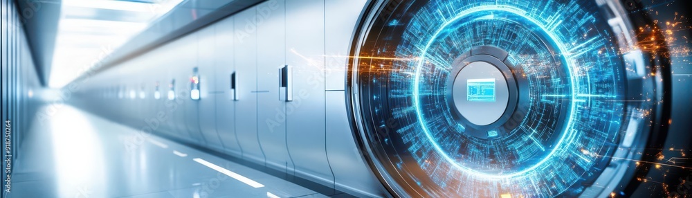 Poster futuristic hallway featuring a high-tech circular interface, symbolizing innovation and advanced tec