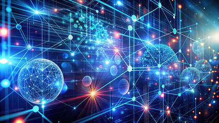 Fototapeta premium Complex Network of Glowing Lines, Nodes, and Digital Globes Representing Global Communication and Data Exchange
