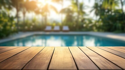 Wooden Tabletop with Blurred Pool and Tropical Trees in Background