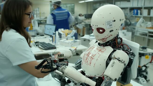 Researcher manipulates robotic arm in high-tech laboratory. Camera focuses on intricate interaction, blurring busy background. Cutting-edge technology meets human expertise.	