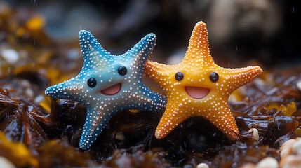 Illustration of cute two baby starfish print sea background