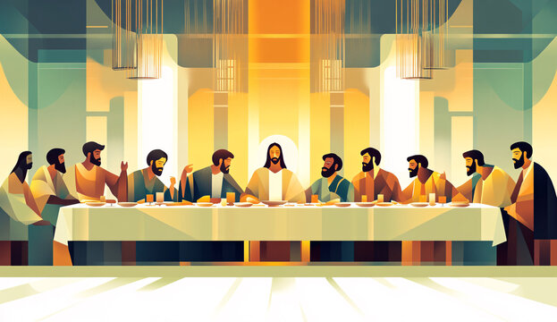 Art Deco illustration of the Last Supper with disciples.