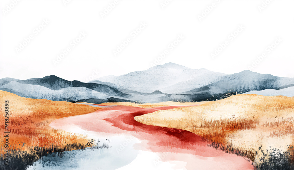 Wall mural dreamy watercolor landscape with red river and muted colors.