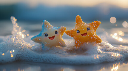 Illustration of cute two baby starfish print sea background