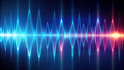 Colorful Glowing Sound Wave Pattern on a Blue Grid Background