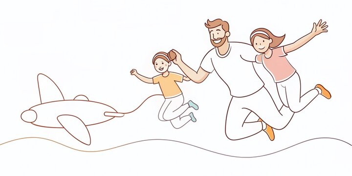 family jumping with airplane, line art clip art preview