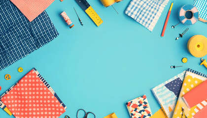 Sewing project illustration in a flat lay, top view, featuring fabric, patterns, and pins with generous copy space