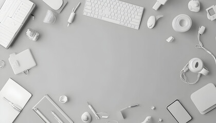 Tech workspace illustration in a flat lay, top view, with gadgets, cables, and a keyboard with space for text