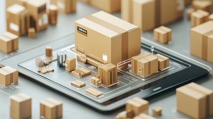 A tablet screen shows a cardboard box factory with a lot of boxes