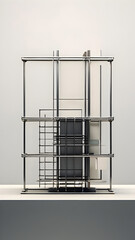 A minimalist 3D rendering of a wireframe structure composed of lines and planes, set against a neutral background, emphasizing simplicity and elegance.
