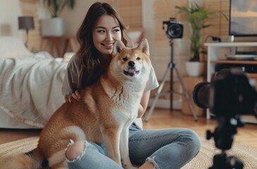 Young Asian woman sitting on the floor with a Shiba Inu dog, both smiling at the camera. A camera setup is visible in the background, suggesting a content creation or photography session at home.
