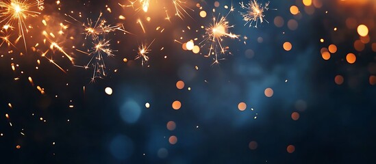 Abstract orange gold color glitter background with fireworks, Christmas event, new year event, 4th of July event and blur milky way background