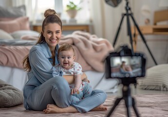 Obraz premium Caucasian mother and baby sitting on the floor in a bright room, playing together. A camera on a tripod is set up, recording their joyful interaction.