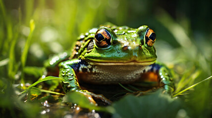 Fototapeta premium green frog in the wild with green blur background