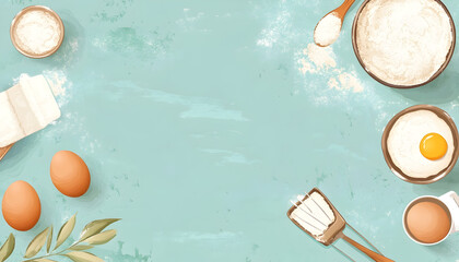 Baking ingredients setup illustration in a flat lay, top view, with flour, eggs, and measuring cups with space for text