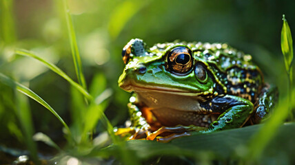 Obraz premium green frog in the wild with green blur background