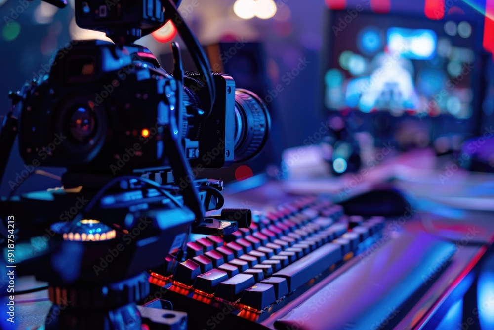 Poster a video camera sits next to a keyboard on a desk, ideal for recording tutorials or live streams