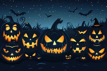 A collection of Halloween pumpkins with various scary expressions