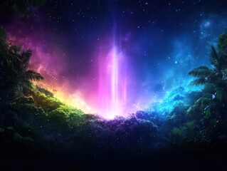 A vibrant, otherworldly light beam erupts from a tropical forest, illuminating the night sky.