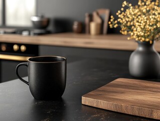 Black coffee mug on a black countertop in a modern kitchen.