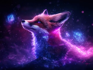 A mystical fox glows with vibrant purple and blue light in a nebula background.