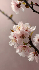 Fototapeta premium close-up of a delicate cherry blossom branch, with soft pink petals gently drifting in the wind, capturing the fleeting beauty of spring