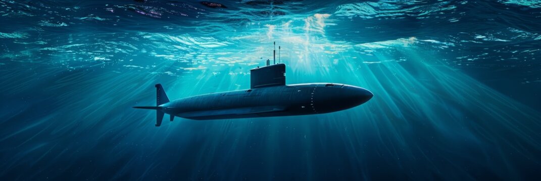 Generic military nuclear submarine floating in the middle of the ocean while shooting an undersea torpedo missile.	 - Powered by Adobe