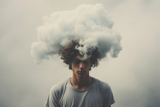 Man with head in clouds, concept of confusion and introspection
