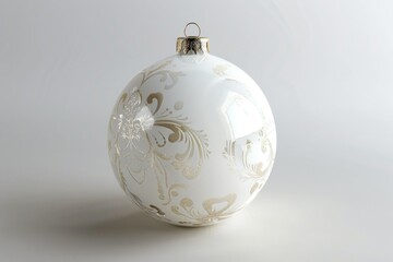 A single white and gold Christmas ornament sits on a white surface, waiting for decoration