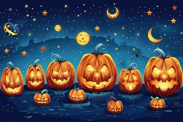 A collection of Halloween pumpkins with various scary expressions