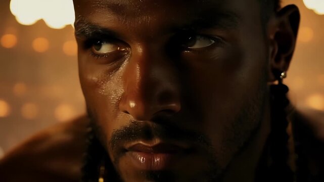 The piercing eyes of the gladiator reveal his hunger for victory and glory in the arena.