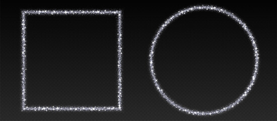 Silver glitter frames, shimmering borders in circle and square shapes, festive holiday sparkles. Christmas decoration. Vector illustration.