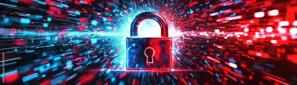 Poster a digital lock symbolizing security and protection, surrounded by vibrant data streams, representing