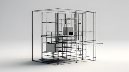 A minimalist 3D rendering of a wireframe structure composed of lines and planes, set against a neutral background, emphasizing simplicity and elegance.