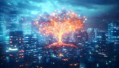 Obraz premium Illustration of a radiant, glowing tree emerging from urban landscapes, symbolizing the fusion of nature and digital technology.