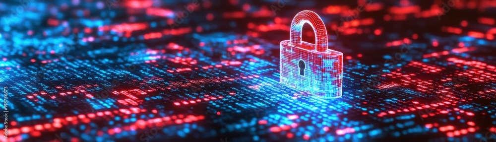 Poster a digital representation of cybersecurity featuring a glowing lock amidst a matrix of data for enhan