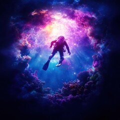 A scuba diver swims towards a vibrant cosmic portal in a surreal underwater scene.