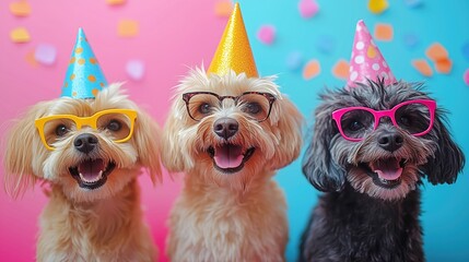 Happy dogs wearing party hats and costumes, perfect for any occasion that calls for a fun, joyful, and lively atmosphere.