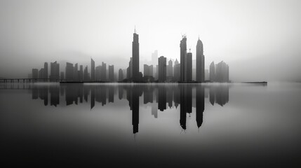 Naklejka premium Silhouette of city skyline reflected in calm water, capturing the beauty and essence of urban architecture in monochrome.