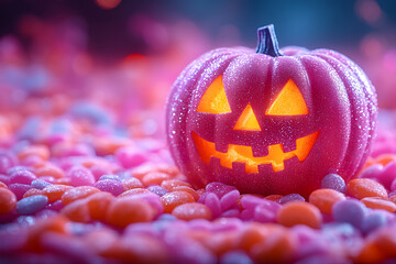 A Halloween-themed pumpkin made entirely of candies, set against a background filled with various colorful sweets. The festive and vibrant scene captures the spirit of Halloween