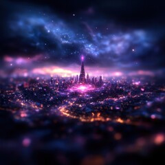 A futuristic cityscape with glowing lights and a tall tower under a starry sky.