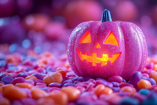 A Halloween-themed pumpkin made entirely of candies, set against a background filled with various colorful sweets. The festive and vibrant scene captures the spirit of Halloween