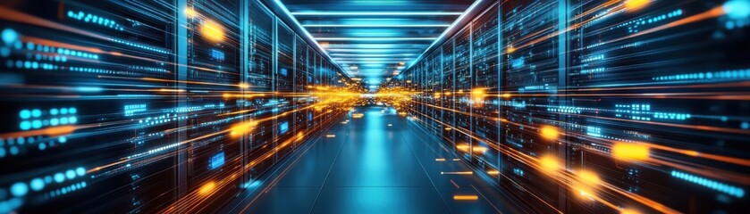 Fototapeta premium A futuristic data center with glowing lines of light, representing speed and technology in modern computing environments.