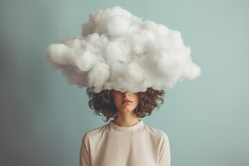 Woman with head in clouds, symbol of confusion and introspection