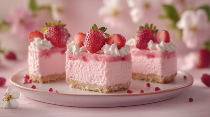 cheesecake with strawberry on pink background and flower